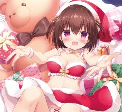 Rule 34 | 1girl, :d, bare shoulders, blush, bow, bow panties, box, breasts, brown hair, christmas, cleavage, commentary request, crop top, feet out of frame, frills, fur-trimmed headwear, fur-trimmed skirt, fur trim, gift, gift box, hair between eyes, hair ribbon, hands up, hat, knees up, looking at viewer, lying, medium breasts, midriff, miyasaka naco, navel, on back, open mouth, original, oversized object, panties, red eyes, red hat, red skirt, ribbon, santa hat, skirt, smile, solo, stuffed animal, stuffed toy, teddy bear, two side up, underwear, white panties, yellow bow, yellow ribbon