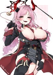Rule 34 | 1girl, absurdres, aotan (aorin114), belt, between breasts, black belt, black gloves, black thighhighs, blue archive, blush, breasts, cape, cleavage, garter straps, gloves, halo, highres, holding pendulum, horns, large breasts, long hair, looking at viewer, mole, mole on breast, necktie, necktie between breasts, open mouth, pendulum, pink hair, red cape, red eyes, red garter straps, red halo, red horns, red necktie, satsuki (blue archive), smile, solo, thighhighs, thighs, twitter username