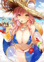 Rule 34 | 10s, 3girls, :3, animal ears, bikini, blue bikini, blue ribbon, blurry, blurry background, bracelet, breasts, character request, cleavage, cloud, cloudy sky, covered erect nipples, day, drink, ears through headwear, fate/extra, fate/grand order, fate (series), food, fox ears, fox tail, fruit, hair ribbon, hat, hougu souji, innertube, jewelry, jpeg artifacts, large breasts, leaning forward, long hair, looking at viewer, marie antoinette (swimsuit caster) (third ascension) (fate), mordred (fate), mordred (fate/apocrypha), mouth hold, multiple girls, necklace, ocean, outdoors, pink hair, red bikini, ribbon, side-tie bikini bottom, sky, smile, solo focus, spoon, starfish, straw hat, strawberry, summer, sun hat, swim ring, swimsuit, tail, tamamo (fate), tamamo no mae (fate/extra), tamamo no mae (swimsuit lancer) (fate), utensil in mouth, yellow eyes