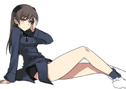 Rule 34 | 1girl, animal ears, boots, brown hair, johanna wiese, long hair, military, military uniform, ningen (ningen96), ningen (ningen (96), ribbon, simple background, sitting, solo, strike witches, uniform, world witches series