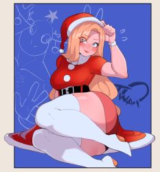 Rule 34 | 1girl, animal costume, animal head, belt, belt buckle, blonde hair, blue eyes, blush, boots, breasts, buckle, calgary callie (nyantcha), embarrassed, eyeliner, hat, high heel boots, high heels, highres, lipstick, long hair, looking at viewer, makeup, nyantcha, original, ornament, santa costume, santa hat, smile, solo, thick thighs, thighhighs, thighs, v, wristband