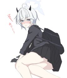 Rule 34 | 1girl, absurdres, ahoge, back, bag, bare legs, black bag, black gloves, black horns, black shirt, black skirt, blue archive, blush, closed mouth, commentary request, crossed bangs, demon horns, embarrassed, erika (blue archive), feet out of frame, gloves, grey eyes, grey halo, hair flaps, halo, head tilt, highres, horns, kamitosayu, knees together feet apart, long sleeves, looking at viewer, lying, medium hair, on side, parted bangs, pleated skirt, school uniform, shirt, shoulder bag, simple background, skirt, solo, white background, white hair