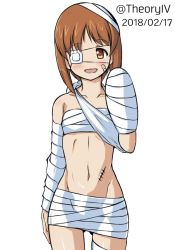 Rule 34 | 1girl, aegis (nerocc), bandages, bandaid, bandaid on face, blush, boko (girls und panzer), boko (girls und panzer) (cosplay), cast, commentary, cosplay, dated, eyepatch, girls und panzer, looking at viewer, nishizumi miho, one-hour drawing challenge, sarashi, scar, simple background, skindentation, solo, standing, twitter username, waving, white background