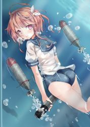 Rule 34 | 10s, 1girl, air bubble, ass, back, bonkiru, breath, bubble, freediving, hair ornament, highres, holding breath, i-58 (kancolle), kantai collection, light brown hair, looking back, personification, red eyes, school swimsuit, school uniform, serafuku, short hair, solo, swimming, swimsuit, swimsuit under clothes, torpedo, type 93 torpedo, type 95 torpedo, underwater