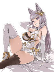 Rule 34 | 10s, 1girl, animal ears, arm at side, arm behind head, arm support, arm up, asanagi, asymmetrical clothes, asymmetrical legwear, bare shoulders, black thighhighs, blush, breasts, cat ears, elbow gloves, erune, fangs, feathers, gloves, granblue fantasy, grin, high heels, korwa, large breasts, long hair, looking at viewer, mismatched legwear, purple eyes, quill, sideboob, silver hair, sitting, smile, solo, thighhighs, thighs, white gloves, white thighhighs