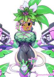 Rule 34 | 1girl, ;), blaster master zero, blaster master zero 2, blush stickers, bodysuit, breasts, catsuit, cleavage, colored skin, commentary, dual wielding, english commentary, fishnets, flower, flower on head, food print, full-length zipper, goggles, goggles on head, green hair, green skin, gun, handgun, high collar, holding, kajin (kajinman), kanna (blaster master zero), large breasts, monster girl, one eye closed, patreon username, skindentation, smile, solo, tail, thick thighs, thigh strap, thighs, unzipped, watermelon print, weapon, white background, zipper
