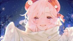 Rule 34 | 1girl, bare tree, beret, bun-mii, commentary, english commentary, flower, hat, hat flower, highres, indie virtual youtuber, long hair, looking at viewer, mole, mole under eye, night, nini yuuna, nini yuuna (5th costume), open mouth, pink eyes, pink hair, portrait, red hat, scarf, second-party source, smile, snowing, solo, tree, virtual youtuber, white flower, white scarf