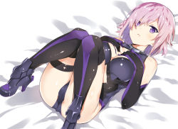 Rule 34 | 1girl, bare shoulders, bed sheet, black gloves, black thighhighs, boots, breasts, cameltoe, cleavage cutout, clothing cutout, elbow gloves, eyes visible through hair, fate/grand order, fate (series), gloves, hair over one eye, hands on own chest, high heels, knees together feet apart, lying, mash kyrielight, medium breasts, multicolored clothes, multicolored gloves, on back, parted lips, pink hair, purple eyes, purple gloves, purple legwear, shiny clothes, shiny skin, short hair, solo, tachibana yuu, thigh strap, thighhighs, thighs, trefoil, two-tone legwear