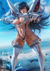 Rule 34 | 1girl, ahoge, black hair, blue eyes, boots, breasts, cleavage, cleavage cutout, clothing cutout, highres, holding, holding sword, holding weapon, junketsu, kill la kill, kiryuuin satsuki, long hair, medium breasts, rached, revealing clothes, standing, sword, thick eyebrows, thigh boots, thighhighs, weapon, white footwear, white thighhighs
