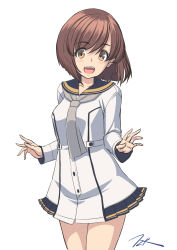 Rule 34 | 1girl, artist name, bob cut, brown hair, cowboy shot, dress, grey necktie, highres, kantai collection, looking at viewer, necktie, no headgear, open mouth, short hair, simple background, smile, solo, t2r, teeth, upper teeth only, white background, white dress, yellow eyes, yukikaze (kancolle)