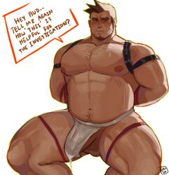 Rule 34 | 1boy, abs, absurdres, ace attorney, artist logo, bandaid, bandaid on face, bara, beard stubble, belly, bound, bound arms, brown hair, chest hair, commentary, dick gumshoe, english commentary, english text, erection, facial hair, highres, jockstrap, looking at viewer, male focus, male underwear, muscular, muscular male, nipples, pectorals, precum, ruslorc, shibari, speech bubble, stubble, thick eyebrows, topless male, underwear, white background, white male underwear