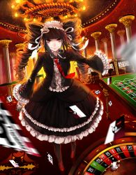 Rule 34 | 10s, 1girl, bad id, bad pixiv id, black hair, black nails, blurry, card, casino, celestia ludenberg, claw ring, danganronpa: trigger happy havoc, danganronpa (series), depth of field, drill hair, frills, gambling, gothic lolita, hairband, highres, kumi (xaetical), lolita fashion, lolita hairband, long hair, monokuma, nail polish, necktie, pantyhose, playing card, red eyes, roulette table, slot machine, smile, solo, table, twin drills