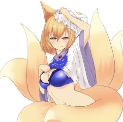 Rule 34 | 1girl, animal ears, animal hat, arm up, blonde hair, blush, bra, breasts, brother (artist), clothes lift, commentary request, fox ears, fox tail, frilled bra, frills, groin, hair between eyes, hand on headwear, hat, highres, lifted by self, light smile, looking at viewer, medium breasts, mob cap, multiple tails, navel, shirt, shirt lift, short hair, short sleeves, simple background, solo, stomach, tabard, tabard lift, tail, touhou, underwear, white background, white bra, white hat, white shirt, wide sleeves, yakumo ran, yellow eyes