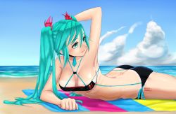 Rule 34 | 00s, 1girl, aqua eyes, aqua hair, arm support, arm up, armpits, arms behind head, ass, beach, bikini, blush, breasts, butt crack, choker, cleavage, cloud, collar, hatsune miku, highres, koba (furikake-p), light smile, long hair, lying, matching hair/eyes, medium breasts, necktie, ocean, on stomach, outdoors, parted lips, sand, short necktie, sky, solo, swimsuit, tan, tanline, tattoo, twintails, vocaloid, water