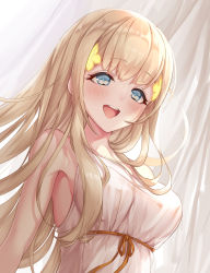 Rule 34 | 1girl, :d, blonde hair, blue eyes, blush, breasts, commentary request, dress, highres, large breasts, long hair, looking at viewer, open mouth, rapunzel (sinoalice), sallyzaemon, sinoalice, smile, solo, teeth, upper teeth only, very long hair, white dress