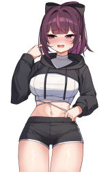 1girl absurdres black_shorts black_shrug blush bow breasts cowboy_shot crop_top dolphin_shorts drawstring embarrassed hair_bow hand_up highres jururu large_breasts long_hair long_sleeves looking_to_the_side midriff multicolored_hair navel nose_blush open_mouth ponytail purple_hair shirt short_shorts shorts shrug_(clothing) simple_background smile solo stomach streaked_hair sweatdrop thighs virtual_youtuber waktaverse white_background white_shirt ziro_(zirorong)