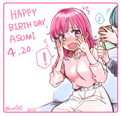 Rule 34 | !, 2girls, asumi-chan wa rezu fuuzoku ni kyoumi ga arimasu!, birthday, blush, breasts, chishiro ouka, commentary request, couch, embarrassed, hands on own face, happy birthday, holding, holding phone, itsuki kuro, kusumoto asumi, light green hair, looking at phone, medium breasts, medium hair, multiple girls, musical note, open mouth, outside border, pants, phone, pink shirt, pointing, red eyes, red hair, shirt, speech bubble, surprised, sweat, white background, white pants