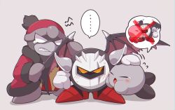 Rule 34 | ..., 2boys, 2others, alternate form, angry, annoyed, armor, bird, black skin, black wings, blush, blush stickers, chromatic aberration, clenched hand, clenched teeth, closed eyes, coat, colored skin, crying, dark meta knight, diving, facing viewer, fur trim, gloves, grey background, grey skin, hand on another&#039;s face, hand on another&#039;s head, heart (symbol), highres, jealous, kirby, kirby: triple deluxe, kirby (series), kirby and the amazing mirror, kiss, mask, mittens, multiple boys, multiple others, nintendo, no humans, no pupils, open mouth, pauldrons, penguin, pink skin, pom pom (clothes), red footwear, red headwear, scar, scar across eye, scar on face, shadow dedede, shadow kirby, sharp teeth, shoulder armor, simple background, size difference, spoken character, standing, subaru331, sweat, sweatdrop, tearing up, teeth, tiptoes, upset, white eyes, wings, x, yaoi, yellow eyes