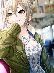 Rule 34 | 1girl, blurry, blurry background, blush, breasts, bus interior, cleavage, cleavage cutout, clothing cutout, collarbone, earrings, fur-trimmed jacket, fur trim, green jacket, grey hair, hair between eyes, hand on own cheek, hand on own face, highres, idolmaster, idolmaster cinderella girls, jacket, jewelry, light smile, looking afar, medium breasts, patterned clothing, popon ta, shiomi syuko, short hair, solo, upper body