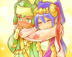Rule 34 | 1boy, 1girl, armlet, blue hair, blush, couple, dark-skinned male, dark skin, closed eyes, floral print, flower, green eyes, hair ornament, hetero, highres, ishiyumi, lakshmi (p&amp;d), looking away, lotus, multicolored hair, nose blush, puzzle &amp; dragons, red hair, scarf, shared clothes, shared scarf, smile, strapless, sweatdrop, tube top, twintails, two-tone hair, vishnu (p&amp;d)