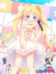 Rule 34 | 3girls, :d, animal ears, anklet, black hair, blonde hair, blue eyes, blurry, blush, bow, braid, breasts, cat ears, cat tail, cleavage, depth of field, detached sleeves, dress, drum, drum set, drumsticks, guitar, hair bow, hair ornament, hair ribbon, holding, instrument, jewelry, long hair, looking at viewer, medium breasts, microphone, multiple girls, music, navel, open mouth, original, pink hair, playing instrument, ribbon, short hair, single braid, smile, tail, thighlet, twintails, usashiro mani, wrist cuffs
