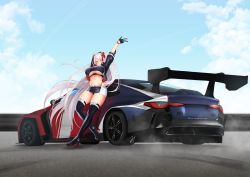 Rule 34 | 1girl, antenna hair, arms up, azur lane, belt, black footwear, black gloves, black jacket, black shirt, black skirt, blue sky, blush, bmw, bmw m8, boots, breasts, car, clothing cutout, cloud, commentary request, crop top, cropped jacket, cropped shirt, day, full body, gloves, grey hair, groin, hair between eyes, half gloves, high heel boots, high heels, highres, jacket, large breasts, long hair, looking at viewer, midriff, miniskirt, miso tanuki, motor vehicle, multicolored hair, navel, official alternate costume, one eye closed, open clothes, open jacket, outdoors, panties, parted lips, prinz eugen (azur lane), prinz eugen (final lap) (azur lane), race queen, red hair, red panties, road, rudder footwear, shadow, shirt, short sleeves, sidelocks, signature, skindentation, skirt, sky, sleeveless, sleeveless shirt, smile, solo, sports car, standing, streaked hair, thigh boots, thighhighs, two-tone skirt, two side up, underboob, underboob cutout, underwear, vehicle focus, very long hair, white belt, white skirt, yellow eyes, zettai ryouiki