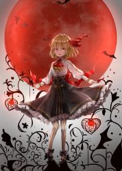Rule 34 | 1girl, alternate costume, ascot, bat (animal), black skirt, blonde hair, blood, blood from mouth, bow, chinese lantern (plant), collared shirt, footwear bow, frilled skirt, frills, hair between eyes, hair ribbon, highres, long sleeves, looking at viewer, mary janes, moon, open mouth, puffy long sleeves, puffy sleeves, red ascot, red eyes, red moon, red ribbon, ribbon, rumia, shironeko yuuki, shirt, shoes, short hair, skirt, solo, touhou, white legwear, white shirt