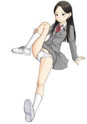 Rule 34 | 1girl, arm support, black eyes, black hair, blazer, blush, bow, bow panties, closed mouth, clothes lift, commentary, cross-laced footwear, crotch seam, dress shirt, grey jacket, grey skirt, jacket, knee up, leaning back, light frown, long hair, long sleeves, looking to the side, maburu (lojyq1eur3e8bit), miniskirt, neck ribbon, original, panties, pleated skirt, red ribbon, ribbon, school uniform, shirt, simple background, sitting, skirt, skirt lift, socks, solo, straight hair, swept bangs, underwear, white panties, white shirt, white sneakers, white socks, wing collar