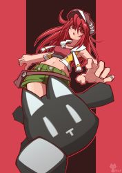 Rule 34 | 1girl, absurdres, breasts, cabbie hat, eyelashes, fanny pack, female focus, green skirt, hat, highres, jacket, jewelry, long hair, midriff, miniskirt, misaki shiki, nyantan, necklace, open mouth, outstretched arm, red background, red eyes, red hair, red shirt, ring, shirt, skirt, sleeveless, sleeveless jacket, solo focus, stuffed animal, stuffed cat, stuffed toy, subarashiki kono sekai, yellow jacket