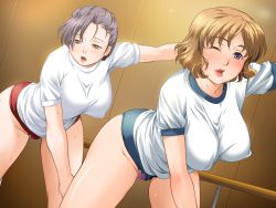 Rule 34 | 2girls, bare legs, bent over, black hair, blonde hair, blush, breasts, buruma, censored, endou mitsu, covered erect nipples, exercising, game cg, gym uniform, hair up, indoors, large breasts, legs, looking at viewer, looking down, mole, mole under eye, mole under mouth, mosaic censoring, multiple girls, najimi no obachan: batsuichi jukujo to inran miboujin, one eye closed, parted lips, puffy nipples, purple eyes, sex toy, short hair, short sleeves, standing, sweat, thighs, vibrator, vibrator under clothes, wink, yellow eyes