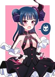Rule 34 | 10s, 1girl, black skirt, blue hair, blush, breasts, circle skirt, cosplay, deadnooodles, detached sleeves, elizabeth bathory (fate), elizabeth bathory (fate) (cosplay), elizabeth bathory (fate/extra ccc), elizabeth bathory (first ascension) (fate), fang, fate (series), hair bun, hair ribbon, hands on own hips, high-waist skirt, layered skirt, long hair, looking at viewer, love live!, love live! sunshine!!, medium breasts, open mouth, pointy ears, purple ribbon, red eyes, ribbon, sideboob, single hair bun, skirt, solo, standing, tsushima yoshiko, underboob
