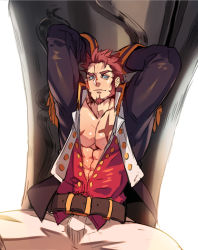 Rule 34 | 1boy, abs, bara, beard, blue eyes, brown hair, cannon, cross scar, epaulettes, facial hair, fate/grand order, fate (series), highres, huge weapon, jacket, large pectorals, long sideburns, long sleeves, looking at viewer, male focus, military, military uniform, muscular, na insoo, napoleon bonaparte (fate), open clothes, open jacket, pants, pectoral cleavage, pectorals, scar, scar on chest, short hair, sideburns, simple background, solo, uniform, weapon