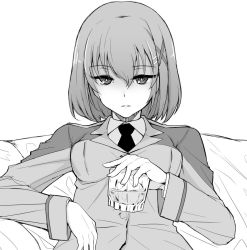 Rule 34 | 1girl, alcohol, bad id, bad twitter id, closed mouth, commentary, cup, dress shirt, drinking glass, english commentary, greyscale, hair ornament, hairclip, half-closed eyes, holding, holding cup, ice, ice cube, jacket, leaning back, light frown, lips, long sleeves, lyrical nanoha, mahou shoujo lyrical nanoha strikers, military, military uniform, monochrome, necktie, petag2, shirt, solo, tsab ground military uniform, uniform, wing collar, x hair ornament, yagami hayate
