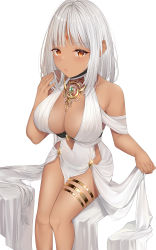 Rule 34 | 1girl, absurdres, ae030, azur lane, bad id, bad pixiv id, bare shoulders, body markings, breasts, center opening, cocktail dress, dark-skinned female, dark skin, dress, evening gown, facial mark, forehead mark, gold choker, halter dress, halterneck, highres, large breasts, long hair, looking at viewer, massachusetts (azur lane), massachusetts (dressed to impress) (azur lane), native american, official alternate costume, orange eyes, simple background, sleeveless, sleeveless dress, thighlet, white background, white dress, white hair