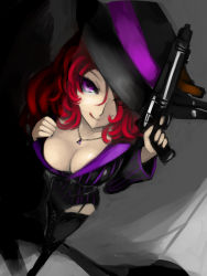 Rule 34 | 1girl, alternate costume, boots, breasts, cleavage, cross-laced footwear, downblouse, fedora, formal, from above, garter belt, garter straps, gun, handgun, hat, highres, jewelry, kumiko shiba, lace-up boots, large breasts, league of legends, licking lips, crime city miss fortune, naughty face, necklace, pinstripe pattern, pinstripe suit, pistol, red hair, miss fortune (league of legends), solo, striped, suit, thigh boots, thighhighs, tongue, tongue out, vertical stripes, weapon