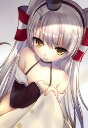 Rule 34 | 10s, 1girl, amatsukaze (kancolle), bad id, bad pixiv id, bare shoulders, breasts, choker, clenched hands, clothes pull, collarbone, from above, frown, hair tubes, kantai collection, long hair, looking at viewer, meaomao, shiny skin, silver hair, sketch, small breasts, solo, two side up, yellow eyes
