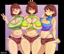 Rule 34 | 3girls, :p, bare shoulders, black hair, blush, blush stickers, blushi 0, bob cut, breasts, brown hair, brown pants, brown shorts, bulge, chara (undertale), cleavage, closed eyes, crop top, deltarune, embarrassed, female focus, female frisk (undertale), female kris (deltarune), fingers together, freckles, frisk (undertale), futanari, hair over one eye, highleg, highres, huge breasts, kris (deltarune), large breasts, micro shorts, midriff, multiple girls, navel, one eye covered, pants, raised eyebrows, red eyes, revealing clothes, short hair, short shorts, shorts, simple background, skindentation, sleeveless, stomach, sweater, tagme, thick eyebrows, thick thighs, thighs, tongue, tongue out, undertale