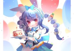 Rule 34 | 1girl, :o, alternate costume, animal ear fluff, animal ears, balloon, bare shoulders, blue bow, blue hair, blue neckwear, blue ribbon, blue skirt, blush, bow, bow hairband, bowtie, braid, breasts, cake, candle, center frills, commentary, commentary request, confetti, detached sleeves, dress, fire, fire, food, frilled hairband, frills, gloves, hair bow, hair ornament, hairband, holding, hololive, long hair, looking at viewer, multicolored hair, parted lips, pillarboxed, puffy short sleeves, puffy sleeves, rabbit ears, rabbit girl, red eyes, ribbon, short sleeves, skirt, sleeveless, solo, sparkle, symbol-only commentary, thick eyebrows, traditional bowtie, translucent hair, twin braids, twintails, usada pekora, virtual youtuber, yokoe (mealtime)