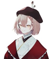 Rule 34 | 1girl, beret, braid, brown hair, brown hat, closed mouth, hair between eyes, hat, hat feather, highres, hololive, hololive english, japanese clothes, kimono, looking at viewer, multicolored hair, nanashi mumei, nanashi mumei (new year), red kimono, short hair, simple background, smile, solo, streaked hair, upper body, virtual youtuber, white hair, wowari-c., yellow eyes