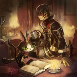 Rule 34 | 1boy, animal, black eyes, black hair, book, bottle, cait sith (ff7), candle, colored sclera, crown, cup, desk, final fantasy, final fantasy xiv, fire, fire, goggles, green sclera, grin, hair between eyes, holding, holding cup, indoors, leofard myste (ff14), male focus, on desk, open book, red-tinted eyewear, red scarf, scarf, sitting, on desk, sketch, smile, teeth, tinted eyewear, uroko (mnr)