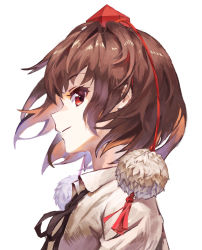 Rule 34 | 1girl, black ribbon, brown hair, collared shirt, commentary request, from side, hat, highres, neck ribbon, pom pom (clothes), profile, red eyes, red hat, ribbon, shameimaru aya, shirt, short hair, simple background, solo, tassel, tokin hat, touhou, upper body, white background, white shirt, yanyan (shinken gomi)