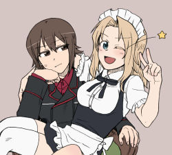 Rule 34 | 2girls, alternate costume, apron, arm around neck, black dress, black jacket, black neckwear, blonde hair, blue eyes, brown eyes, brown hair, closed mouth, collared shirt, commentary, dress, dress shirt, enmaided, frilled apron, frilled shirt collar, frills, frown, girls und panzer, grey background, half-closed eyes, head rest, jacket, kay (girls und panzer), kuromorimine military uniform, long hair, long sleeves, looking at another, looking at viewer, maid, maid headdress, military, military uniform, multiple girls, neck ribbon, nishizumi maho, one eye closed, open mouth, red shirt, ribbon, shirt, short dress, short hair, short sleeves, sitting, sitting on lap, sitting on person, smile, star (symbol), sweatdrop, thighhighs, torinone, uniform, v, waist apron, white apron, white shirt, wing collar