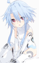 Rule 34 | 1girl, absurdres, bare shoulders, blue hair, breasts, buran buta, hair between eyes, highres, leotard, looking at viewer, neptune (series), power symbol, power symbol-shaped pupils, red eyes, short hair with long locks, sitting, sketch, small breasts, smile, solo, symbol-shaped pupils, upper body, wariza, white heart (neptunia), white leotard