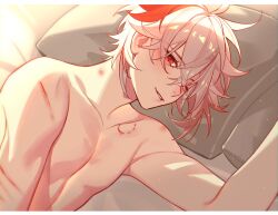 Rule 34 | 1boy, bite mark, bite mark on chest, blush, bruise, cuts, genshin impact, hickey, highres, injury, jesse (pixiv34586727), kaedehara kazuha, looking at viewer, lying, multicolored hair, on bed, one eye closed, pillow, red eyes, red hair, short hair, smirk, solo, teeth, topless male, white hair