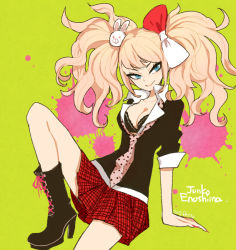 Rule 34 | 10s, 1girl, bad id, bad pixiv id, black footwear, blonde hair, blue eyes, boots, bow, breasts, cleavage, collared shirt, cross-laced footwear, danganronpa (series), danganronpa: trigger happy havoc, enoshima junko, hair ornament, l hakase, lace-up boots, long hair, medium breasts, nail polish, necktie, plaid, plaid skirt, shirt, shoes, skirt, sleeves rolled up, smile, solo, twintails