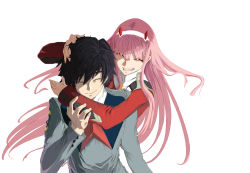 Rule 34 | 10s, 1boy, 1girl, black hair, closed eyes, commentary request, couple, darling in the franxx, fangs, floating hair, hair ornament, hairband, hand on another&#039;s arm, hand on another&#039;s head, happy, height difference, hetero, hiro (darling in the franxx), horns, hug, hug from behind, long hair, long sleeves, military, military uniform, necktie, oni horns, orange neckwear, pink hair, red horns, red neckwear, smile, uniform, user akmu8832, white hairband, zero two (darling in the franxx)
