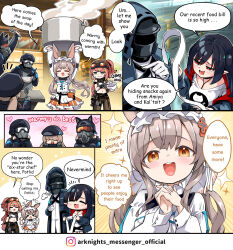 Rule 34 | 1other, 2boys, 4girls, alanna (arknights), animal ears, arknights, blush, bowl, chibi, closed eyes, closure (arknights), cooking pot, doctor (arknights), english text, goggles, goggles on head, headpat, highres, hm (hmongt), holding, holding bowl, holding cooking pot, holding spoon, multiple boys, multiple girls, pointy ears, rabbit ears, rabbit girl, reserve operator caster (arknights), reserve operator melee (arknights), reserve operator sniper (arknights), spoon, warmy (arknights)