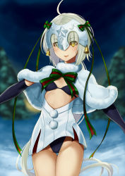 Rule 34 | 1girl, ahoge, bell, black bra, black gloves, blonde hair, blush, bra, capelet, elbow gloves, fate/grand order, fate (series), fur trim, gloves, groin, headpiece, highres, jeanne d&#039;arc (fate), jeanne d&#039;arc alter santa lily (fate), long hair, looking at viewer, open mouth, ribbon, smile, solo, underwear, yellow eyes