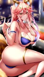 Rule 34 | 1girl, animal ear fluff, animal ears, arm garter, ass, bare shoulders, bikini, blue bikini, blush, bracelet, breasts, choker, circlet, cleavage, collarbone, fate/extra, fate (series), forehead jewel, fox ears, fox girl, fox shadow puppet, fox tail, gold trim, hair between eyes, highres, jewelry, kuro (tbm9187), large breasts, long hair, looking at viewer, pink hair, sidelocks, solo, swimsuit, tail, tamamo (fate), tamamo no mae (fate/extra), thighlet, thighs, twintails, yellow eyes