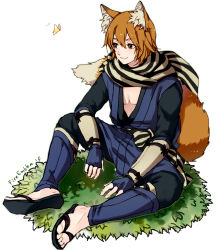 Rule 34 | 1boy, animal ears, arm guards, bug, butterfly, copyright name, fire emblem, fire emblem fates, fox ears, fox tail, full body, grass, himasen, insect, japanese clothes, kaden (fire emblem), male focus, matching hair/eyes, nintendo, orange eyes, orange hair, sandals, scarf, simple background, sitting, solo, striped clothes, striped scarf, tail